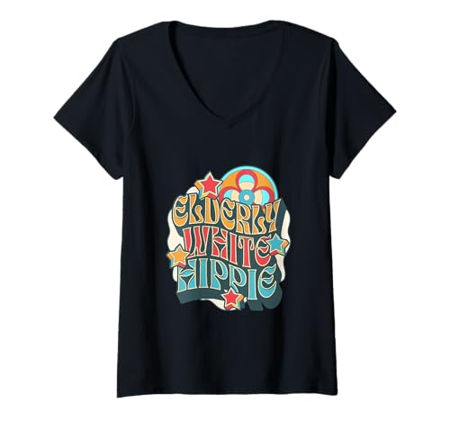 Damen Weißer Hippie-Hippie-Humor für ältere Menschen, witzig, witzig T-Shirt mit V-Ausschnitt von Elderly White Hippie Hippy Humor Vibes