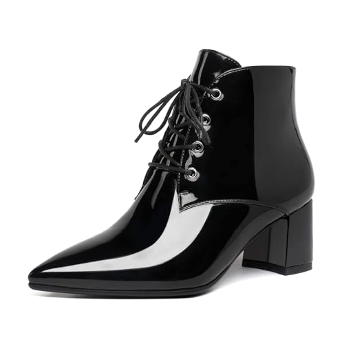 Eldof Damen Booties Low Chunky Heel Stiefeletten Spitz Zehen Schnürschuhe Bequeme Wanderschuhe, Lackschwarz, 38 EU von Eldof