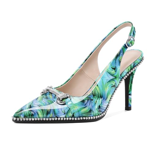 Eldof Damen Slingbacks High Heel Pumps Geschlossene Spitze Perlen Strass Slip On Stilettos Kleid Pumps Schuhe 8,9 cm, Grün (Blumenmuster), 39.5 EU von Eldof