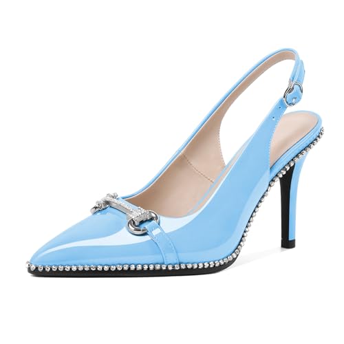 Eldof Damen Slingbacks High Heel Pumps Geschlossene Spitze Perlen Strass Slip On Stilettos Kleid Pumps Schuhe 8,9 cm, Hell, blau, 41 EU von Eldof