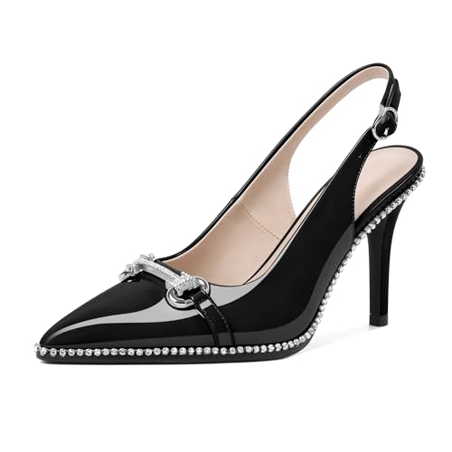 Eldof Damen Slingbacks High Heel Pumps Geschlossene Spitze Perlen Strass Slip On Stilettos Kleid Pumps Schuhe 8,9 cm, Schwarz, 38.5 EU von Eldof