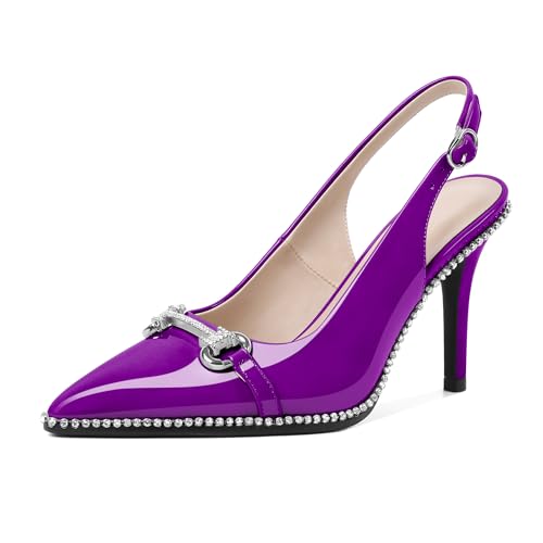 Eldof Damen Slingbacks High Heel Pumps Geschlossene Spitze Perlen Strass Slip On Stilettos Kleid Pumps Schuhe 8,9 cm, Violett, 38 EU von Eldof