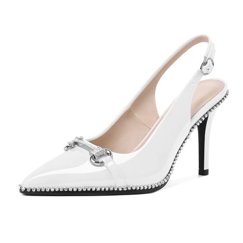 Eldof Damen Slingbacks High Heel Pumps Geschlossene Spitze Perlen Strass Slip On Stilettos Kleid Pumps Schuhe 8,9 cm, Weiss/opulenter Garten, 39.5 EU von Eldof