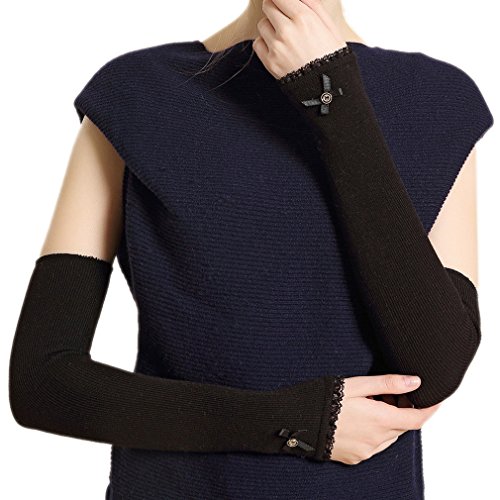 Ele Gens Damen Kaschmir Armstulpen Armwärmer Fingerlos Handschuhe Lang (Schwarz) von Ele Gens