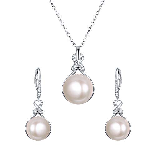 EleQueen 925 Sterling Silber CZ Süßwasser Zuchtperlen Schmuck Halskette Ohrringe Set für Frauen (11-12mm), Valentinstag/Muttertag/Weihnachten Schmuck Geschenk von EleQueen