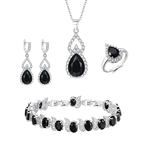 EleQueen Cubic Zirconia Pear-Shaped Anhänger Halskette Leverback Ohrringe Verstellbare Ringe Tennis Armband Set für Frauen, Hochzeit Brautschmuck Set für Bräute bridemaids Schwarz Silber-Ton von EleQueen