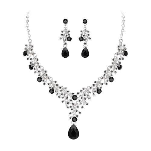 EleQueen Elegante Hochzeit Kostüm Crystal Floral Leaf Halskette Dangle Ohrringe Set für Frauen, Brautschmuck Set für Braut Brautjungfer Zubehör Schwarz Silber-Ton von EleQueen