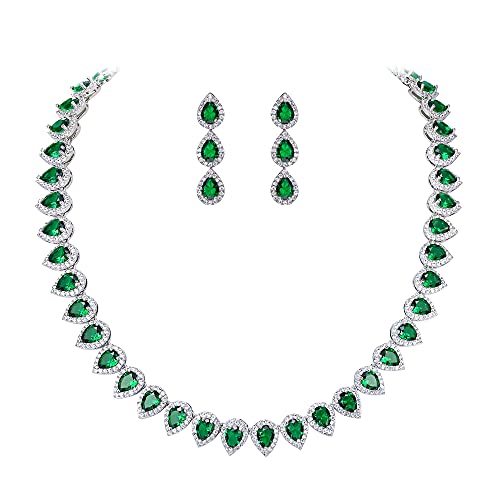 EleQueen Frauen Hochzeit Braut Silber-Ton Voll Prong kubischer Zirkon Teardrop Halskette Ohrringe Set für Bräute Brautjungfern Smaragd Farbe von EleQueen