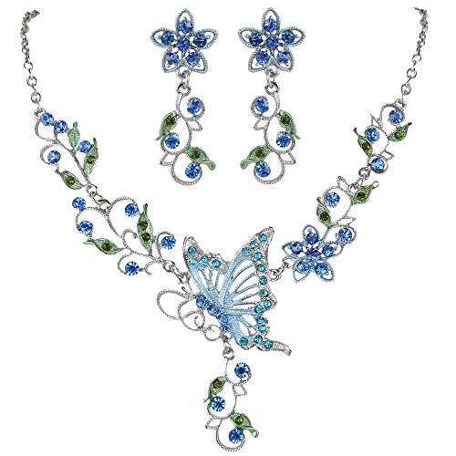EleQueen Frauen Österreichische Kristall Schmetterling Blume Blatt Halskette Ohrringe Set Blau EleQueen Frauen Österreichische Kristall Schmetterling Blume Blatt Halskette Ohrringe Set Blau von EleQueen