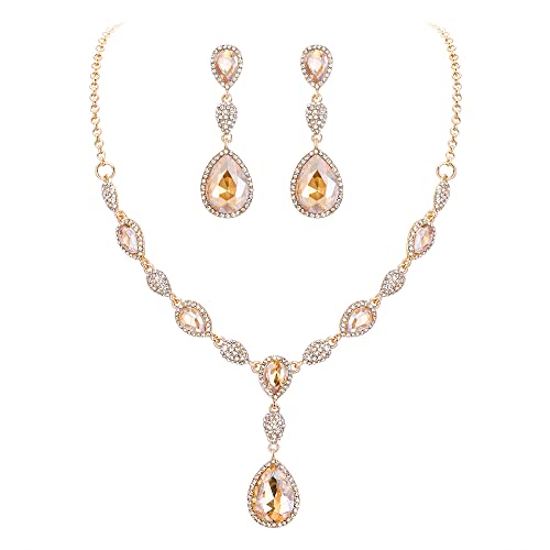 EleQueen Frauen Teardrop Crystal Y-Necklaces Dangle Ohrringe Schmuck-Sets für Bräute Brautjungfern Braun-Gold-Ton von EleQueen