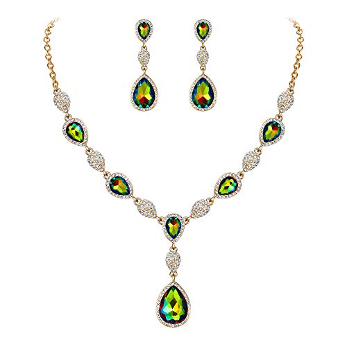 EleQueen Frauen Teardrop Crystal Y-Necklaces Dangle Ohrringe Schmuck-Sets für Bräute Brautjungfern Grün Farbig Gold-Ton von EleQueen