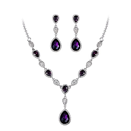 EleQueen Frauen Teardrop Crystal Y-Necklaces Dangle Ohrringe Schmuck-Sets für Bräute Brautjungfern Lila Silber-Ton von EleQueen