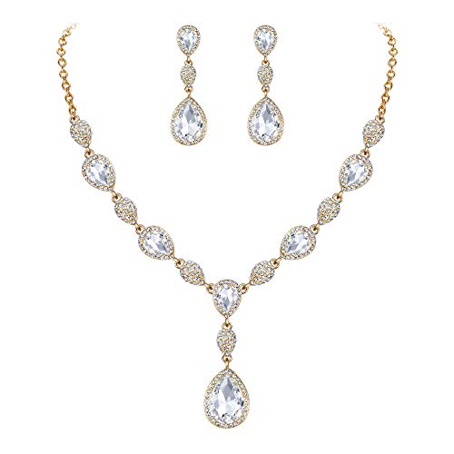 EleQueen Frauen Teardrop Crystal Y-Necklaces Dangle Ohrringe Schmuck-Sets für Bräute Brautjungfern Weiß Gold-Ton von EleQueen