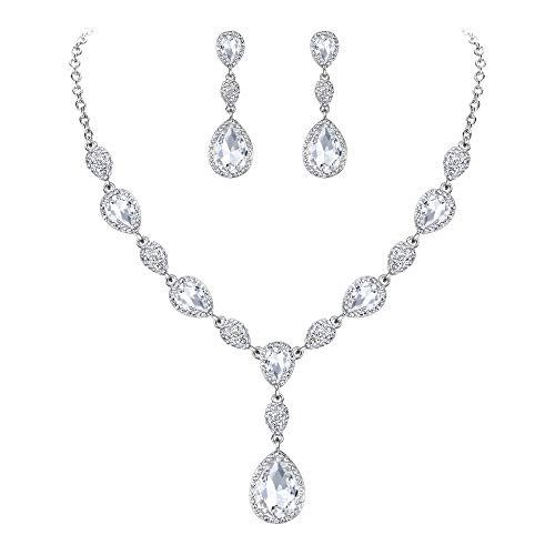 EleQueen Frauen Teardrop Crystal Y-Necklaces Dangle Ohrringe Schmuck-Sets für Bräute Brautjungfern Weiß Silber-Ton von EleQueen