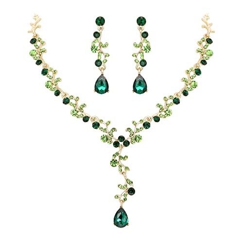 EleQueen Frauen Teardrop Kristall Halskette Ohrringe Set, Schmuck Set für Brautkleid Kostüm Zubehör, Grün Gold-Ton von EleQueen