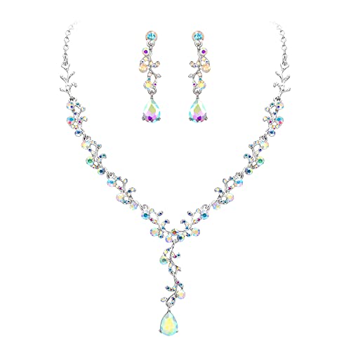 EleQueen Frauen Teardrop Kristall Halskette Ohrringe Set, Schmuck Set für Brautkleid Kostüm Zubehör, Weiß Farbig Silber-Ton von EleQueen