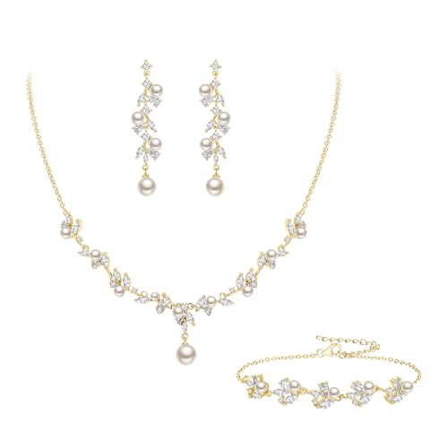 EleQueen Frauen simuliert Perle Hochzeit Schmuck Set, Cubic Zirkonia Marquise Floral Braut Halskette Ohrringe Armband Sets für Formale,Ivory-Gold-Ton von EleQueen