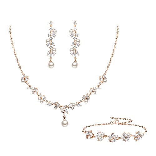 EleQueen Frauen simuliert Perle Hochzeit Schmuck Set, Cubic Zirkonia Marquise Floral Braut Halskette Ohrringe Armband Sets für Formale,Ivory Roségold-Ton von EleQueen
