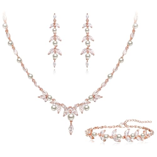 EleQueen Gorgeous Pearl Schmuck Set für Frauen Braut Brautjungfer, Rose Gold Plated Sparkly CZ Marquise Floral Simulated Halskette Dangle Ohrringe Link Armbänder Sets von EleQueen