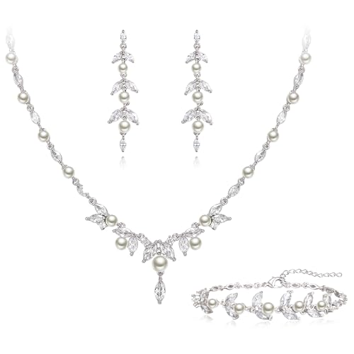 EleQueen Gorgeous Pearl Schmuck Set für Frauen Braut Brautjungfer, Silber plattiert Sparkly CZ Marquise Floral Simulated Halskette Dangle Ohrringe Link Armbänder Sets von EleQueen