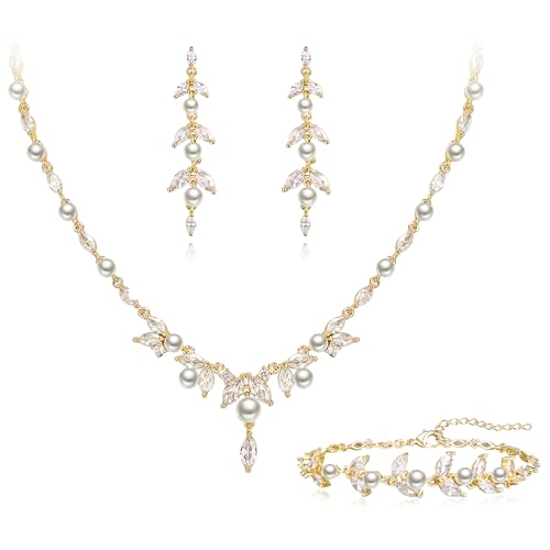 EleQueen Gorgeous Pearl Schmuck Set für Frauen Braut Brautjungfer, vergoldet Sparkly CZ Marquise Floral Simulated Halskette Dangle Ohrringe Link Armbänder Sets von EleQueen