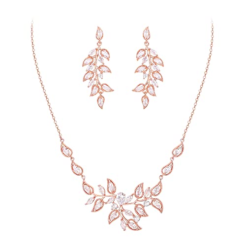 EleQueen Hochzeit Schmuck Sets für Braut Brautjungfer Frauen, CZ Marquise Blatt Floral Bridal Halskette Ohrringe Set Party Prom Modeschmuck Geschenke Weiß Rose Gold-Ton Weiß Rose Gold-Ton von EleQueen