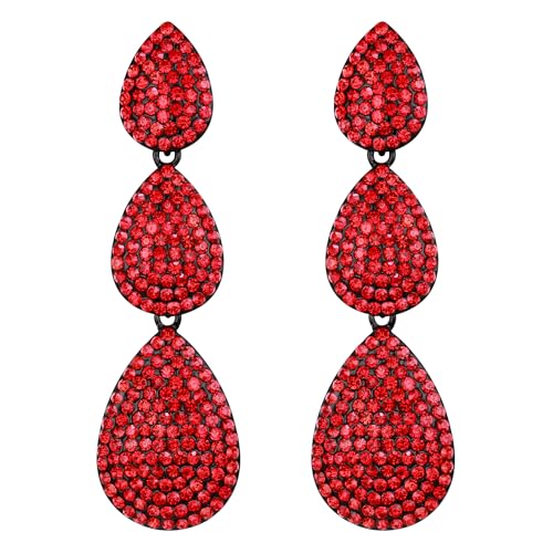 EleQueen Hochzeit Zierliche Dreifach-Tropfen-Kristall-Ohrringe für Frauen, leichte Strass baumelnden Wassertropfen Braut Prom Modeschmuck Geschenk für Bräute Brautjungfer Rot Schwarz-Ton von EleQueen