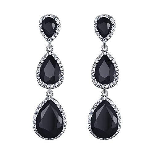 EleQueen Kristall Teardrop-Birnenform Ohrringe für Damen, Eleganter Schmuck für Formeller Anlass, Schwarz Silber-Ton von EleQueen