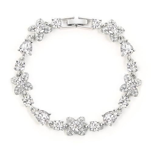 EleQueen Teardrop Brautarmband für Frauen, Strass Vierblättriges Kleeblatt Wassertropfen Armband für Frauen Prom Brautschmuck Klar Silber-Ton von EleQueen