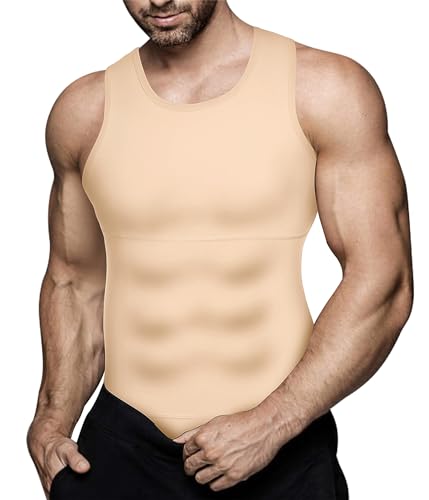 Herren-Kompressionsshirt, zum Abnehmen, figurformendes Unterhemd, Trainings-Shirt, Tank-Top, Beige Oberteile, XX-Large von Eleady