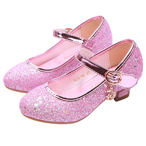 Eleasica Eiskönigin Schuhe für Kinder Rutschsicher Schuhe für Prinzessin ELSA Mädchen Runde Zehenkappe Mary Jane mit Absatz Klettverschluss Pailletten Fasching Weihnachten Hochzeit,Rosa,30 EU von Eleasica