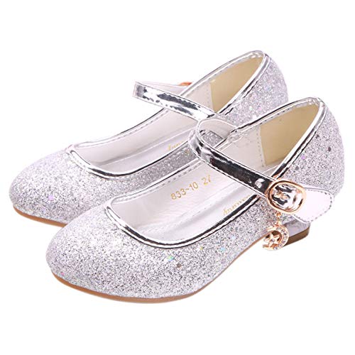 Eleasica Eiskönigin Schuhe für Kinder Rutschsicher Schuhe für Prinzessin ELSA Mädchen Runde Zehenkappe Mary Jane mit Absatz Klettverschluss Pailletten Fasching Weihnachten Hochzeit,Silber,36 EU von Eleasica