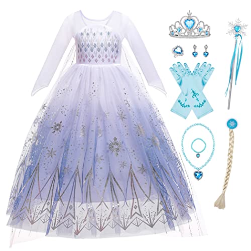 Eleasica Mädchen Eiskönigin Kleid Prinzessin Elsa Verkleidung für Kinder Krone Zauberstab Kostüm mit Zubehör Weihnachten Geburtstag Fasching Halloween Schneeflocke Karneval,Violett,110 von Eleasica