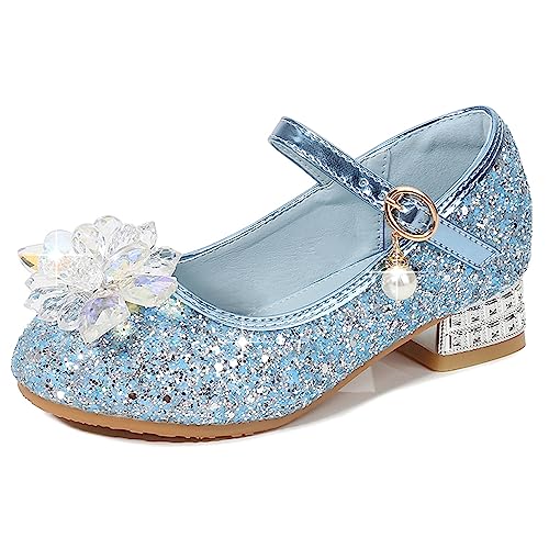 Eleasica Mädchen Schuhes für Verkleidung Sandalen Eiskönigin Geschlossene Zehe Kinder Prinzessinnenschuhe Geburtstag Karneval Weihnachten Ballerinas Cinderella Blockabsatz Abriebfest,Blau,37 von Eleasica