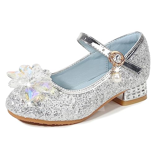 Eleasica Mädchen Schuhes für Verkleidung Sandalen Eiskönigin Geschlossene Zehe Kinder Prinzessinnenschuhe Geburtstag Karneval Weihnachten Ballerinas Cinderella Blockabsatz Abriebfest,Silber,32 von Eleasica