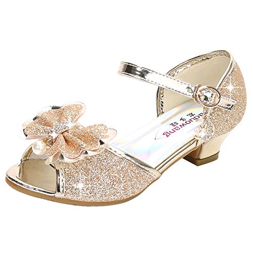 Eleasica Sandalen für Mädchen rutschfest Schuhe für Kinder Geburtstag Weihnachten Prinzessinnenschuhe Offene Spitze Eiskönigin Stöckelschuhe Allerheiligen Fest Partykleid,Gold,26 von Eleasica