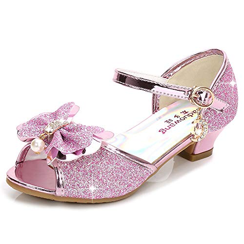 Eleasica Sandalen für Mädchen rutschfest Schuhe für Kinder Geburtstag Weihnachten Prinzessinnenschuhe Offene Spitze Eiskönigin Stöckelschuhe Allerheiligen Fest Partykleid,Rosa,33 von Eleasica