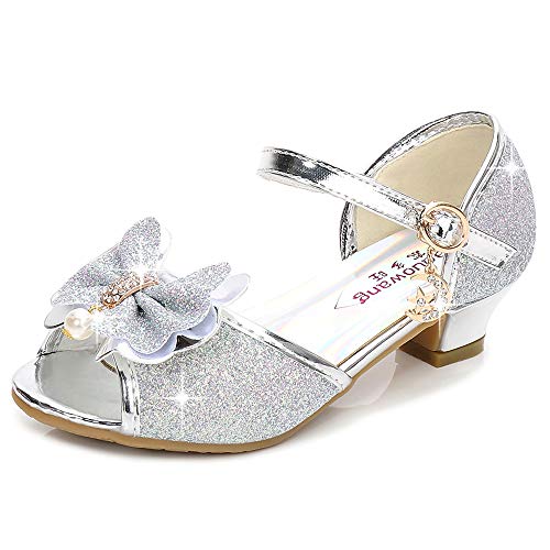 Eleasica Sandalen für Mädchen rutschfest Schuhe für Kinder Geburtstag Weihnachten Prinzessinnenschuhe Offene Spitze Eiskönigin Stöckelschuhe Allerheiligen Fest Partykleid,Silber,28 von Eleasica