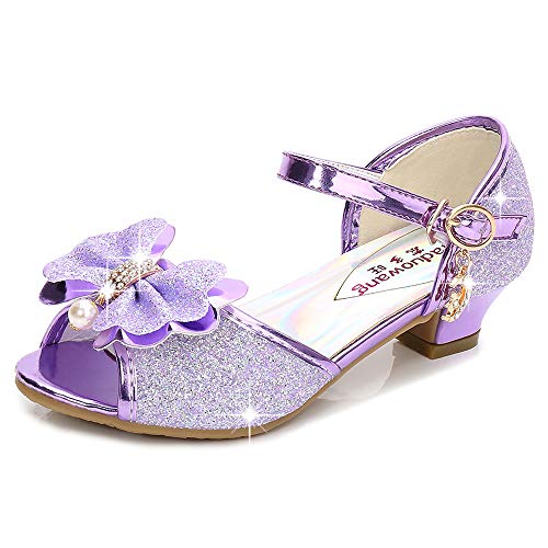 Eleasica Sandalen für Mädchen rutschfest Schuhe für Kinder Geburtstag Weihnachten Prinzessinnenschuhe Offene Spitze Eiskönigin Stöckelschuhe Allerheiligen Fest Partykleid,Violett,27 von Eleasica