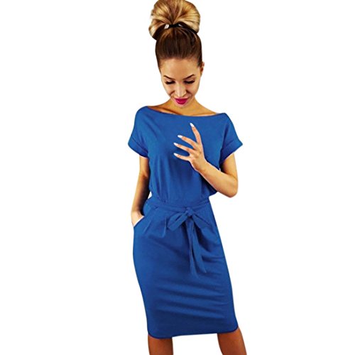 Elecenty Damen Bürokleid Solide Cocktailkleider Halbe Ärmel Kleidung Rock Abendkleider Rundhals Frauen Mode A-Linie Kleid Partykleid Schlank Hemdkleid Blusekleid Sommerkleid (M, Blau 2) von Elecenty