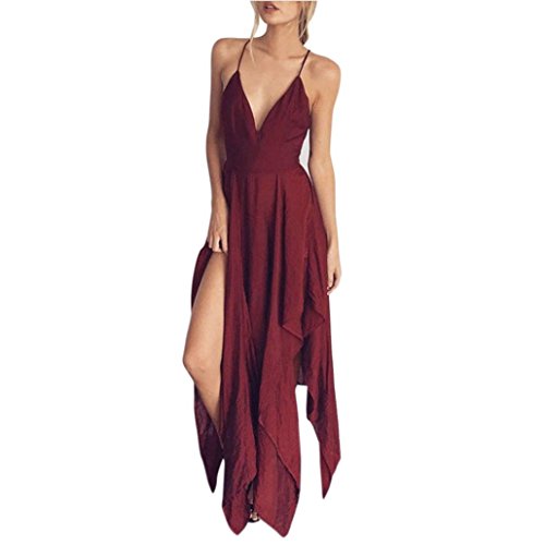 Elecenty Damen Strandkleid Sommerkleid Kleider Tief V-Ausschnitt Irregulär Rock Frauen Ärmellos Mode Kleid Kleidung Backless Partykleid Abendkleider Boho Chiffon Cocktailkleider (L, Rot) von Elecenty