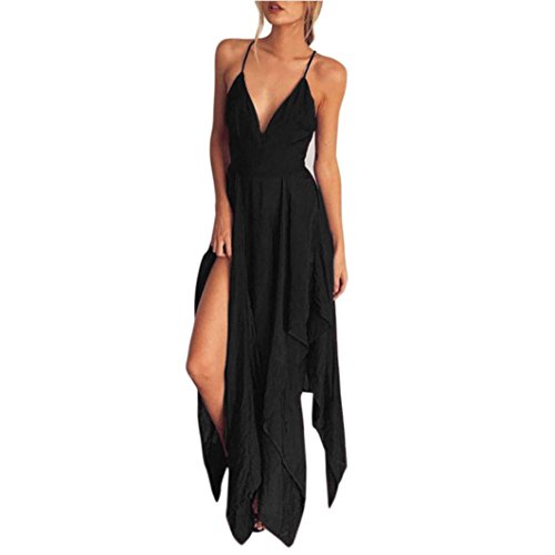 Elecenty Damen Strandkleid Sommerkleid Kleider Tief V-Ausschnitt Irregulär Rock Frauen Ärmellos Mode Kleid Kleidung Backless Partykleid Abendkleider Boho Chiffon Cocktailkleider (S, Schwarz) von Elecenty