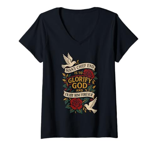 Damen Man's Chief End ist es, Gott zu glorifizieren und ihn für Immer zu genießen T-Shirt mit V-Ausschnitt Damen Man's Chief End ist es, Gott zu glorifizieren und ihn für Immer zu genießen T-Shirt mit V-Ausschnitt von Elect and Chosen