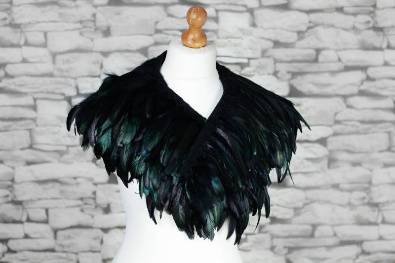 steampunk Reversible Schwarz Irisierender Feder Umhang - Gothic Schwarzes Cape, Schal, Viktorianisch, Federkragen, Shrug von ElectraSnow