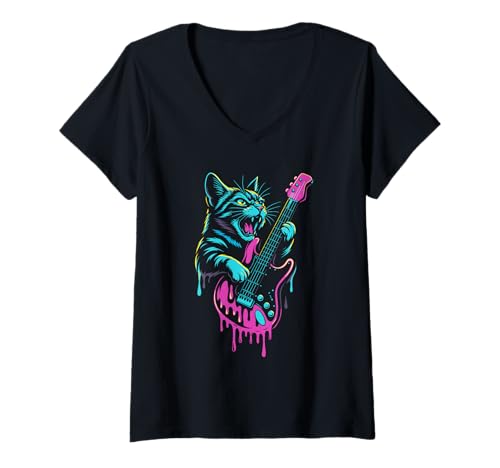 Damen Lustige Katze spielt Gitarre Rock and Roll Drip Retro Musik T-Shirt mit V-Ausschnitt Damen Lustige Katze spielt Gitarre Rock and Roll Drip Retro Musik T-Shirt mit V-Ausschnitt von Electric Guitar Drip Cat Rock Music