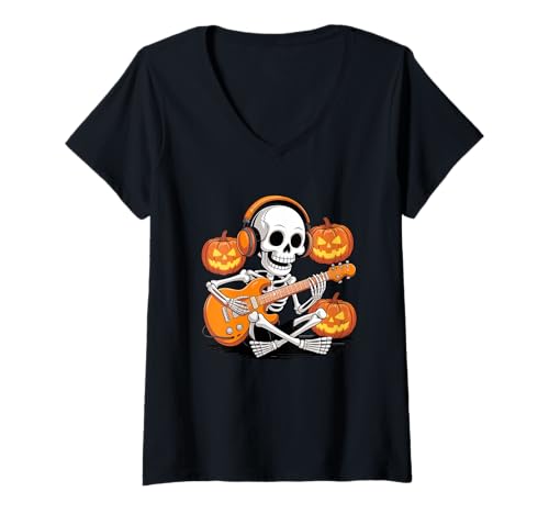 Damen Halloween Skelett E-Gitarre Gitarrist Gitarristen T-Shirt mit V-Ausschnitt Damen Halloween Skelett E-Gitarre Gitarrist Gitarristen T-Shirt mit V-Ausschnitt von Electric Guitar Gift For A Guitarist