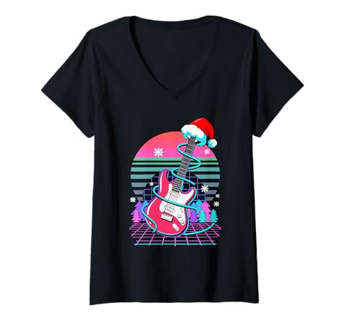 Damen Weihnachten Synthwave Elektrische Gitarre Gitarrist T-Shirt mit V-Ausschnitt von Electric Guitar Gift For A Guitarist