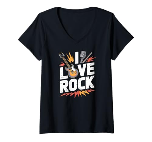 Damen I Love Rock Music Gitarre Mikrofon Grafik T-Shirt mit V-Ausschnitt Damen I Love Rock Music Gitarre Mikrofon Grafik T-Shirt mit V-Ausschnitt von Electric Guitar Microphone Music Vibes