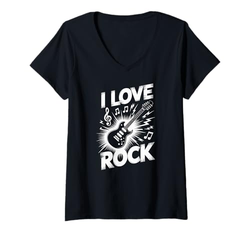 Damen Ich Liebe Rockmusik, Gitarren-Enthusiast T-Shirt mit V-Ausschnitt Damen Ich Liebe Rockmusik, Gitarren-Enthusiast T-Shirt mit V-Ausschnitt von Electric Guitar Music Enthusiast Band