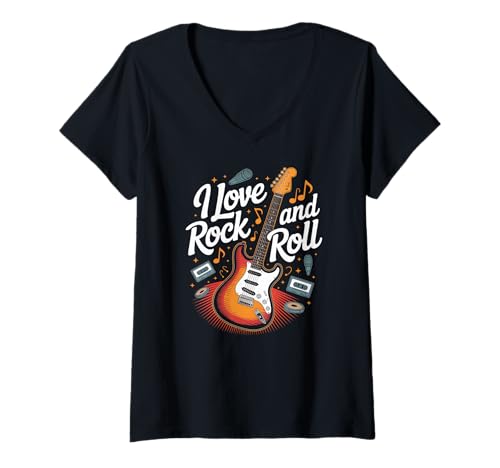 Damen Ich liebe Rock 'n' Roll-Musik-Enthusiast T-Shirt mit V-Ausschnitt von Electric Guitar Music Retro Rock Lover